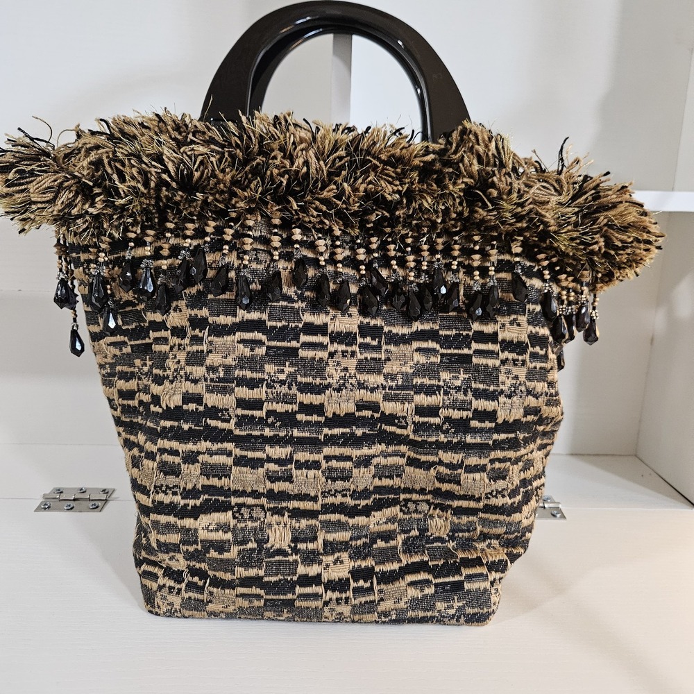 Martha Jo Totes Vintage Tapestry Handbag Beaded Fringe Black Gold - Picture 3 of 6